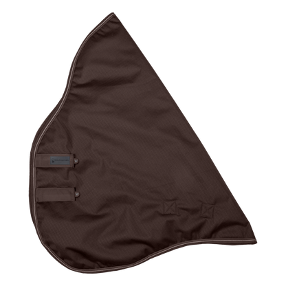 Wasserdichtes Waldhausen Outdoorhalsteil 600D Light in der braunen Fashionfarbe Espresso. Das Produktbild zeigt die zwei stabilen Klettverschlüsse zur Befestigung an den Arctic- und Nordic-Outdoordecken sowie umlaufende reflektierende Einfassnähte für erhöhte Sichtbarkeit bei Dunkelheit.