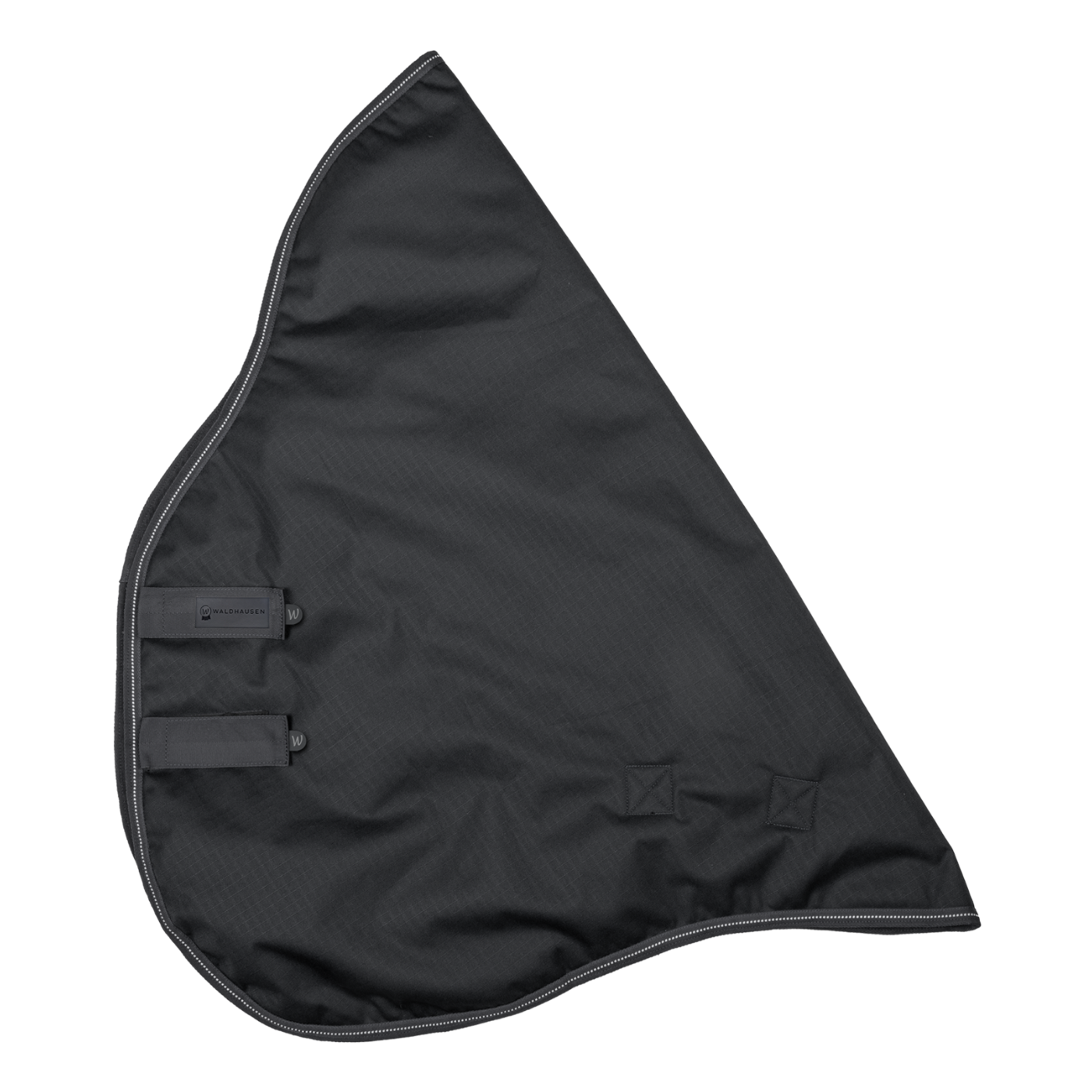Wasserdichtes Waldhausen Outdoorhalsteil 600D Light mit weichem Innenfutter in klassischem Schwarz. Das Produktbild zeigt die zwei stabilen Klettverschlüsse zur Befestigung an den Arctic- und Nordic-Outdoordecken sowie umlaufende reflektierende Einfassnähte für erhöhte Sichtbarkeit bei Dunkelheit.