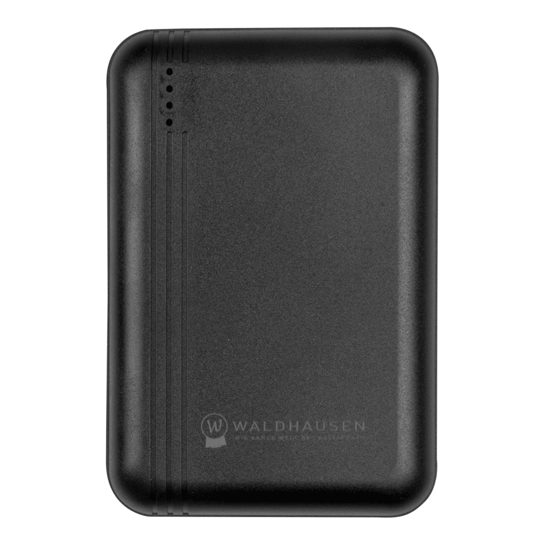 Kompatible schwarze Waldhausen Health + Care Powerbank und Ersatzakku mit 5000 mAh und 7,4 V für die TecSupreme Heiz- und Massagedecke Art. 3890, ausgestattet mit 4 LED-Statusanzeigen und dezentem Waldhausen-Logo auf der Vorderseite.