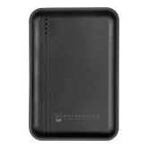 Kompatible schwarze Waldhausen Health + Care Powerbank und Ersatzakku mit 5000 mAh und 7,4 V für die TecSupreme Heiz- und Massagedecke Art. 3890, ausgestattet mit 4 LED-Statusanzeigen und dezentem Waldhausen-Logo auf der Vorderseite.