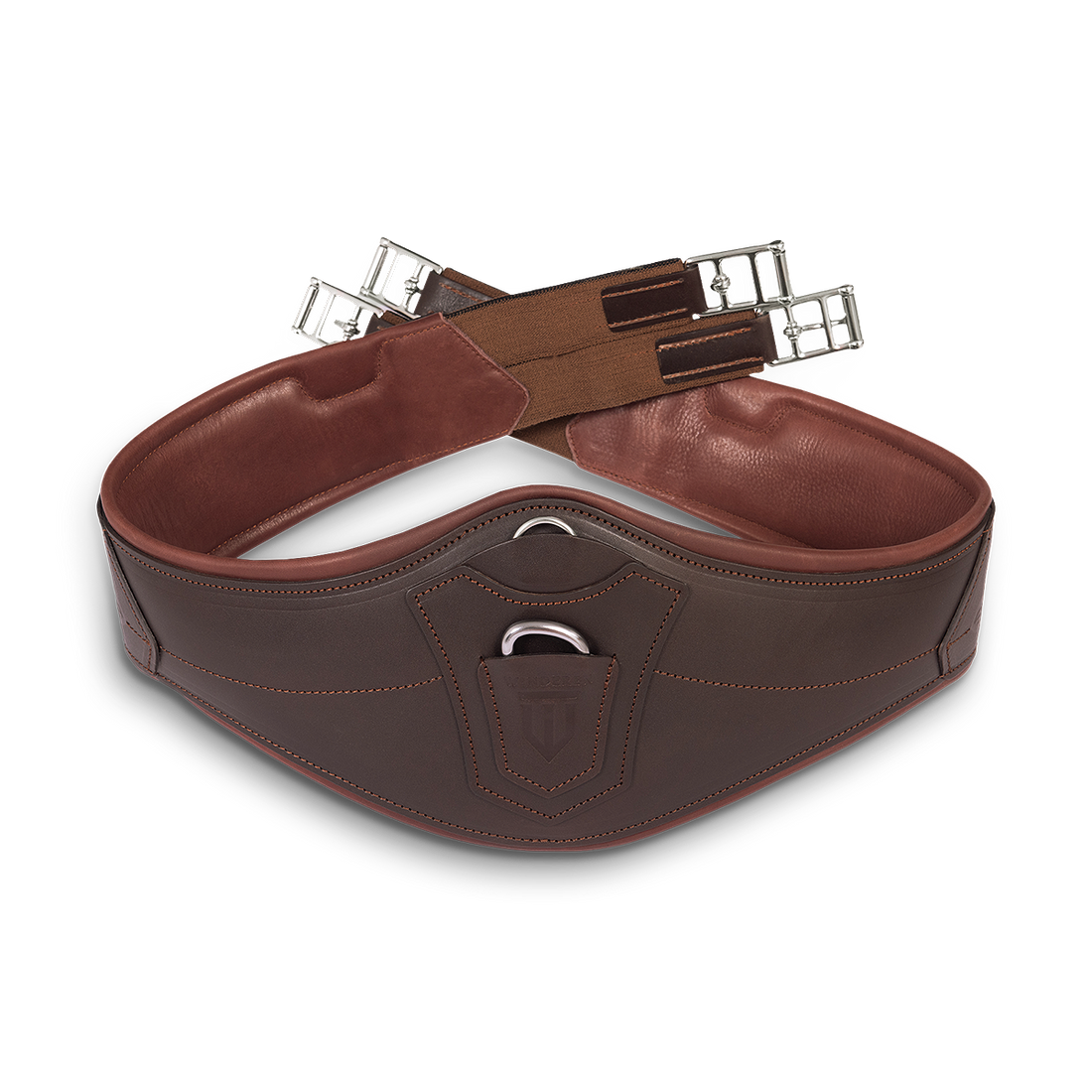 Gekreuzt liegender, anatomischer Winderen Pressure-Relief-Springgurt aus braunem Vollnarbenleder mit kleinem Bauchlatz. Die detailreiche Aufnahme zeigt die weiche, zweifarbige Lederpolsterung zur Druckentlastung für empfindliche Pferde, die robusten Elastikenden sowie den integrierten D-Ring für das Vorderzeug im Springparcours.