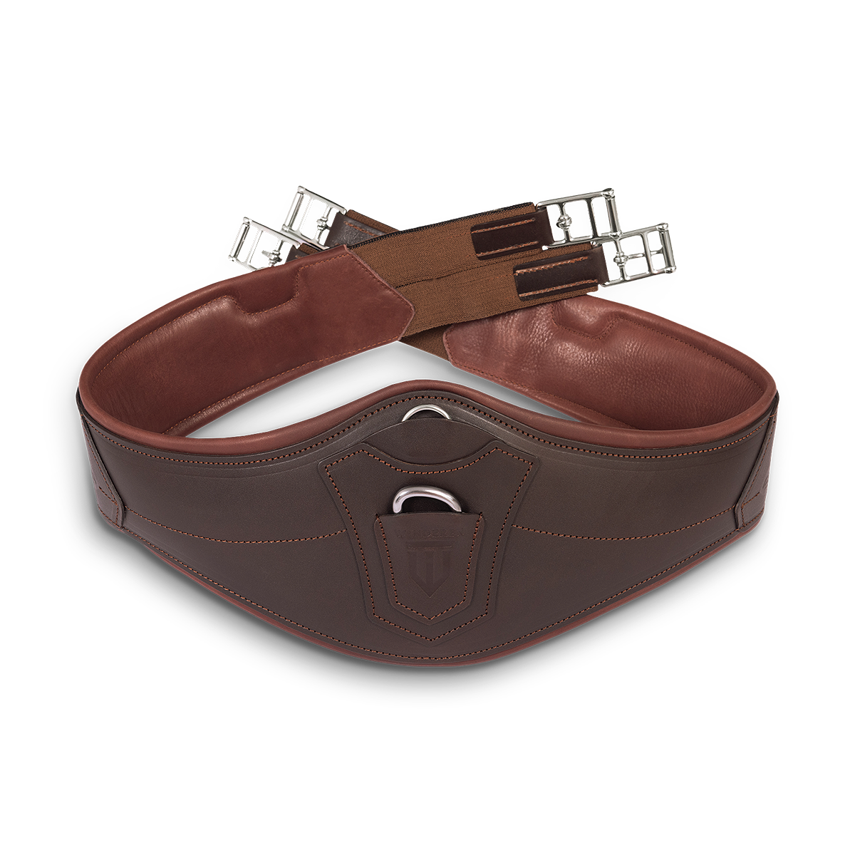 Gekreuzt liegender, anatomischer Winderen Pressure-Relief-Springgurt aus braunem Vollnarbenleder mit kleinem Bauchlatz. Die detailreiche Aufnahme zeigt die weiche, zweifarbige Lederpolsterung zur Druckentlastung für empfindliche Pferde, die robusten Elastikenden sowie den integrierten D-Ring für das Vorderzeug im Springparcours.