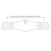 echnische Skizze zur Längenmessung des Winderen Pressure-Relief Dressursattelgurts. Der Pfeil zeigt die exakte Messung von Schnallenende zu Schnallenende für die verfügbaren Gurtgrößen 50 cm (20"), 55 cm (22"), 60 cm (24"), 65 cm (26") und 70 cm (28"). Diese Maßgrafik hilft beim Ausmessen der perfekten Gurtlänge des anatomischen Lederkurzgurts, um Druckstellen zu vermeiden und den optimalen Sitz bei empfindlichen Pferden sowie bei Gurtzwang sicherzustellen.