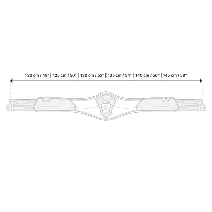 Technische Skizze und Größentabelle des Winderen-Pressure-Relief-Springgurts mit Messanleitung von Schnallenende zu Schnallenende. Die Grafik zeigt die genaue Passform sowie die verfügbaren Gurtlängen von 120 cm (48″) bis 145 cm (58″) für Pferd und Pony.